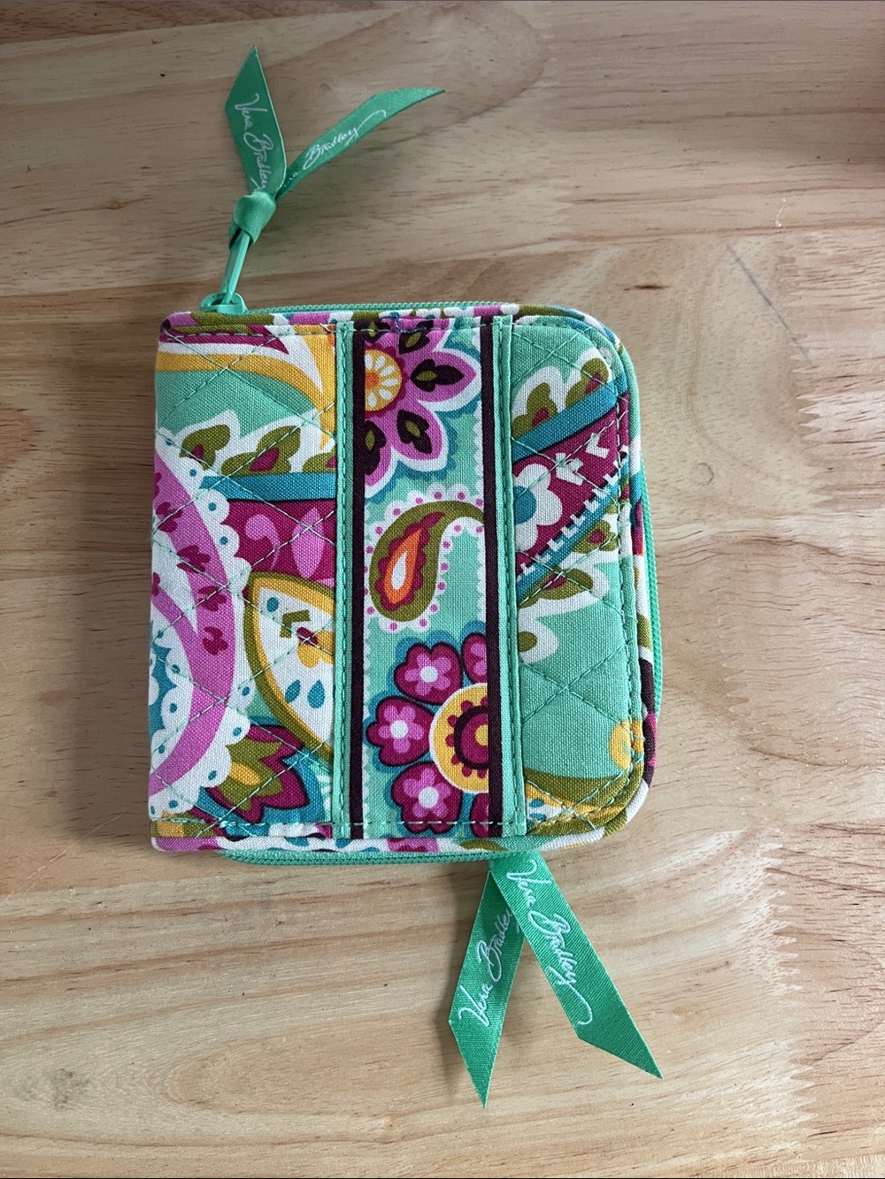 Vera Bradley Quilted Zip-Around Wallet - Mint Paisley with Pink & Yellow Accents
